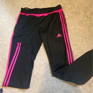 ADIDAS black and pink climacool pants with zip legs and zipper pockets